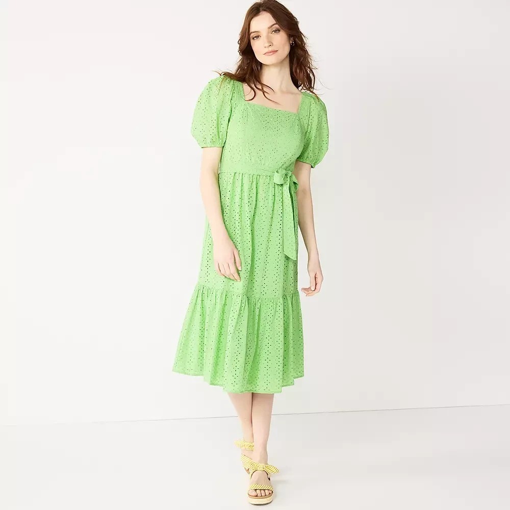 Draper James Eyelet Squareneck Midi Dress Green 100% Cotton Women Sz L